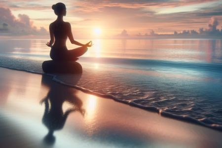 A-serene-yoga-pose-on-a-beach-at-sunrise-reflecting-tranquility-and-connection-with-nature.-The-scene-depicts-a-solitary-yogi-in-a-meditative-posture