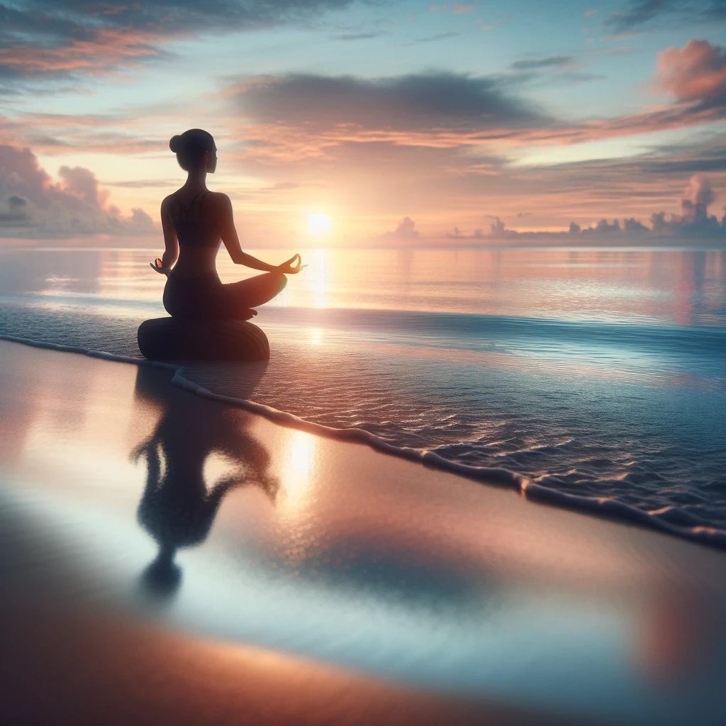 A-serene-yoga-pose-on-a-beach-at-sunrise-reflecting-tranquility-and-connection-with-nature.-The-scene-depicts-a-solitary-yogi-in-a-meditative-posture