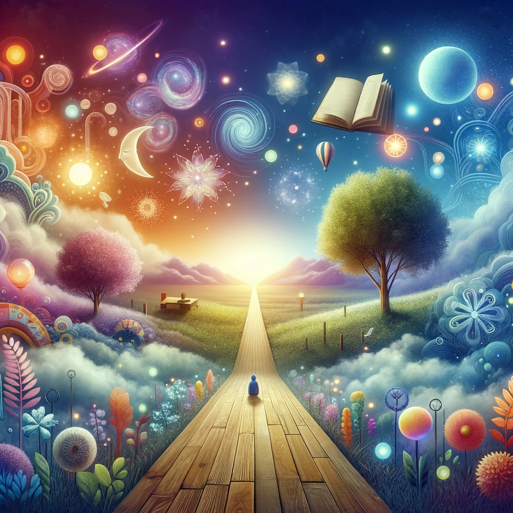 An-image-depicting-a-peaceful-setting-with-elements-symbolizing-the-journey-of-visualization_-a-clear-path-leading-through-a-vibrant-imaginative-land